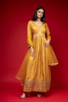 Mustard Cotton Floor Length Readymade Suit With Net Dupatta