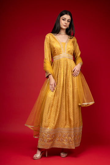 Mustard Cotton Floor Length Readymade Suit With Net Dupatta