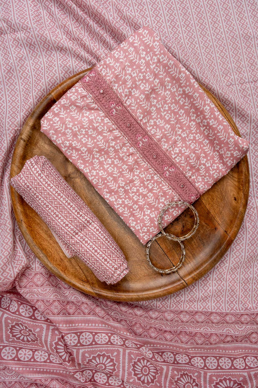 Gajari Threadwork & Floral Printed Cotton Unstitched Salwar Suit With Cotton Dupatta