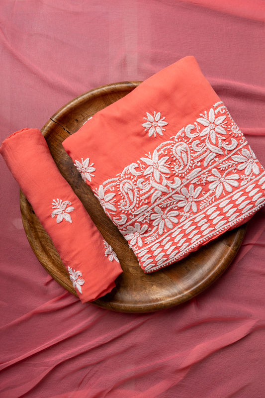 Coral Threadwork Cotton Unstitched Salwar Suit With Chiffon Dupatta