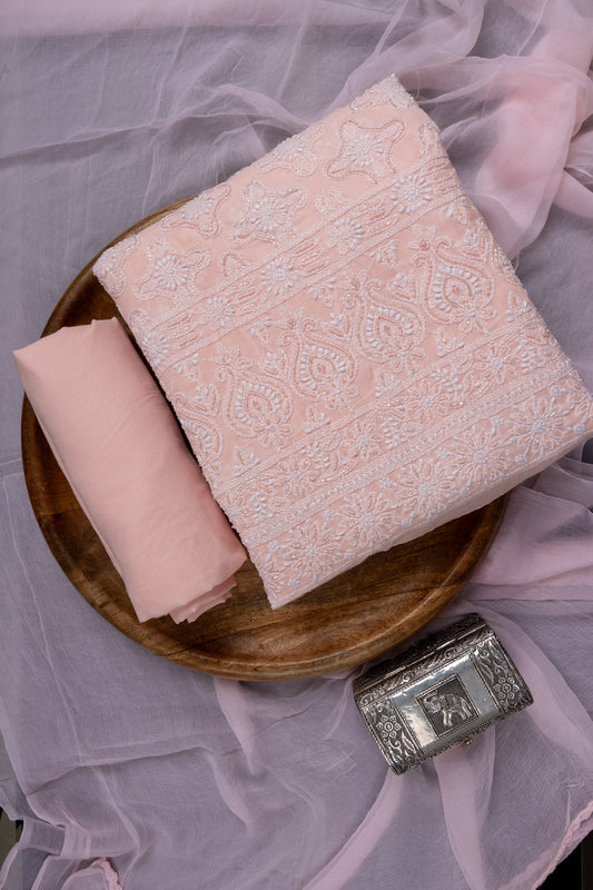 Peach Bead, Cutdana & Threadwork Cotton Unstitched Salwar Suit With Chiffon Dupatta