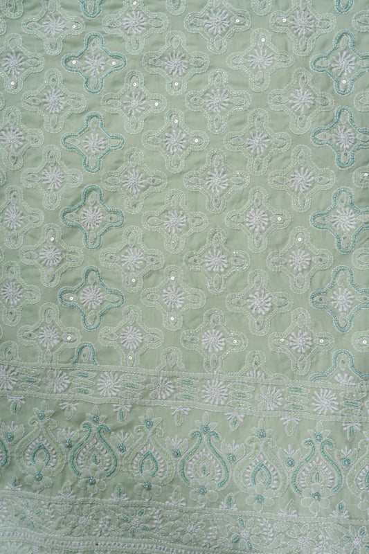 Pista Bead, Cutdana & Threadwork Cotton Unstitched Salwar Suit With Chiffon Dupatta
