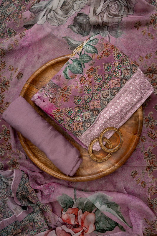 Mauve Sequence, Threadwork & Floral Printed Crepe Unstitched Salwar Suit With Georgette Dupatta