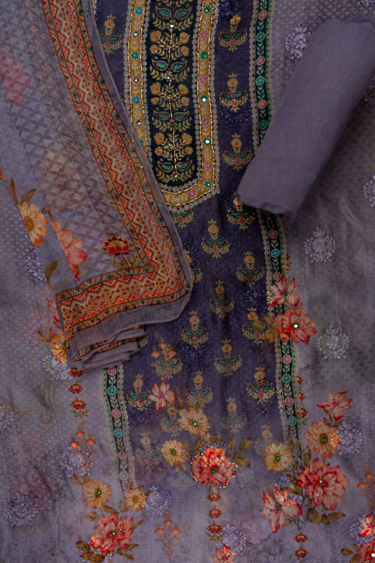Mauve Cutdana, Mirror Sheet, Threadwork & Floral Printed Organza Unstitched Salwar Suit With Chiffon Dupatta