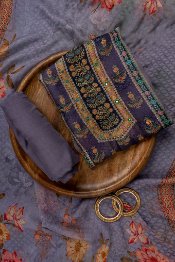 Mauve Cutdana, Mirror Sheet, Threadwork & Floral Printed Organza Unstitched Salwar Suit With Chiffon Dupatta
