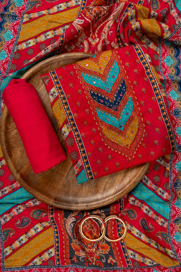 Red Cutdana, Mirror Sheet, Threadwork, Digital & Floral Printed Muslin Unstitched Salwar Suit With Muslin Cotton Dupatta