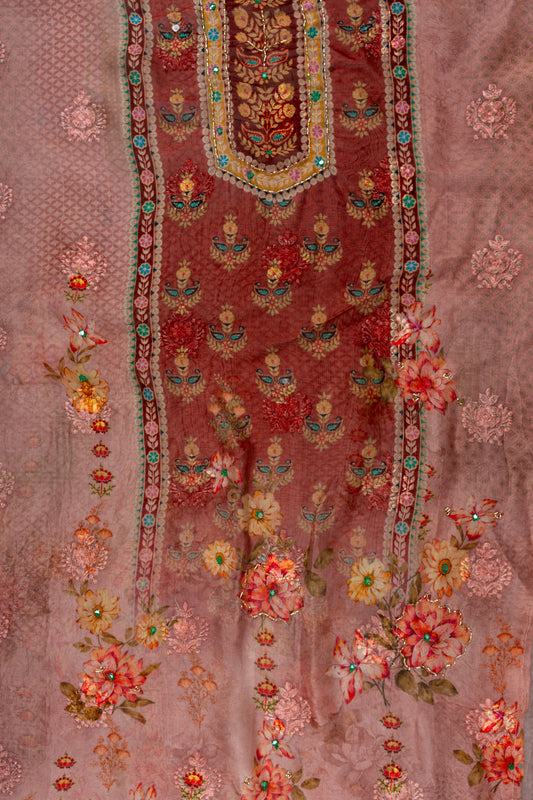 Onion Cutdana, Mirror Sheet, Threadwork & Floral Printed Organza Unstitched Salwar Suit With Chiffon Dupatta