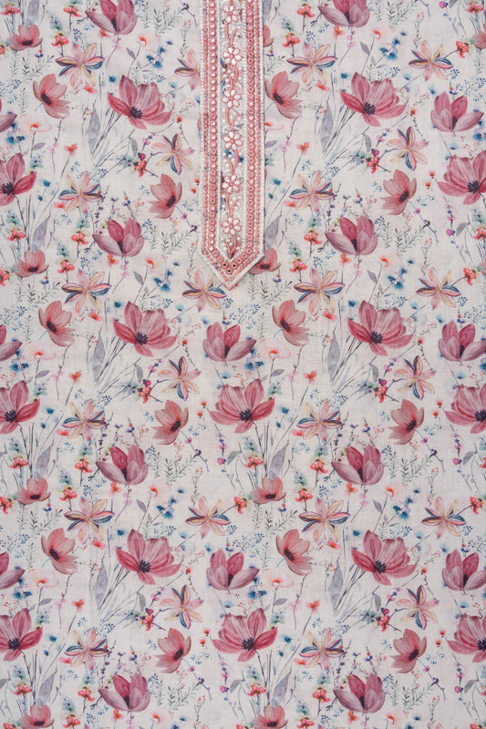 White Gajari Mirror Sheet, Threadwork & Floral Printed Cotton Unstitched Salwar Suit With Cotton Dupatta