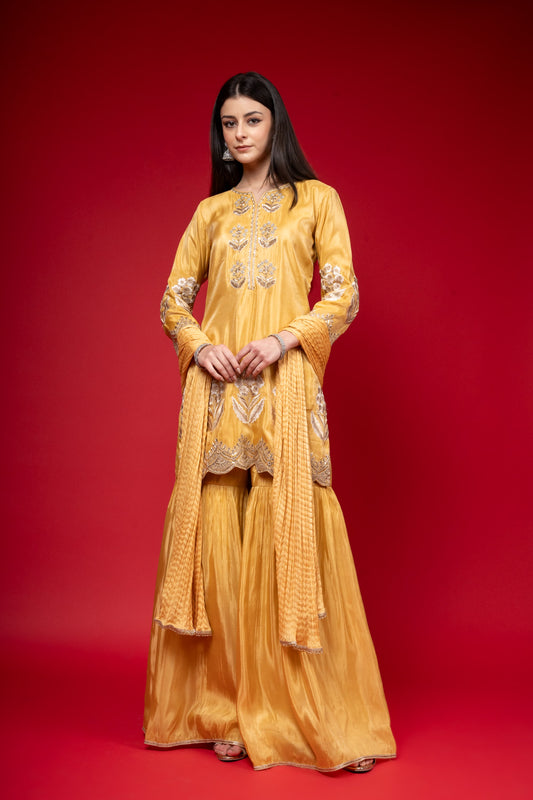 Lemon Gold Tissue Readymade Sharara Set With Chinon Dupatta