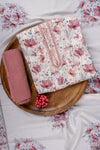 White Gajari Mirror Sheet, Threadwork & Floral Printed Cotton Unstitched Salwar Suit With Cotton Dupatta