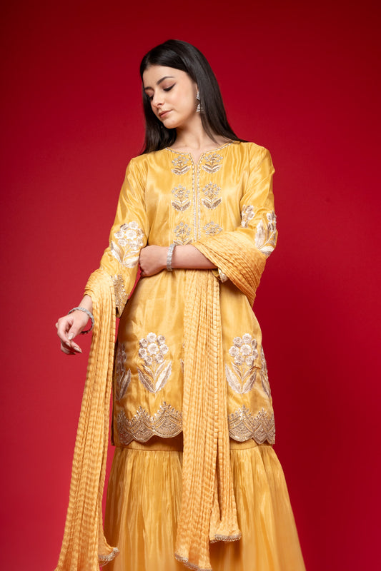 Lemon Gold Tissue Readymade Sharara Set With Chinon Dupatta