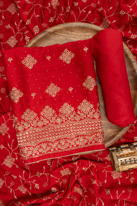 Red Swarovski & Zari Work Dolna Unstitched Salwar Suit With Dolna Dupatta