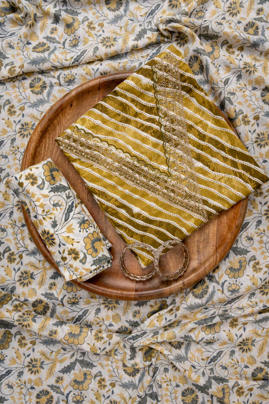 Mustard Sequence, Zari Threadwork & Lehriya Printed Cotton Unstitched Salwar Suit With Cotton Dupatta