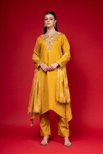 Mustard Cotton Readymade Suit And Pant With Organza Dupatta