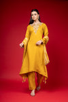 Mustard Cotton Readymade Suit And Pant With Organza Dupatta