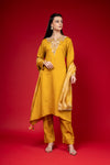 Mustard Cotton Readymade Suit And Pant With Organza Dupatta