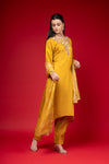 Mustard Cotton Readymade Suit And Pant With Organza Dupatta