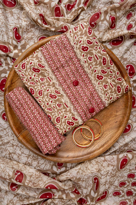 Chikoo Maroon Floral Printed Cotton Unstitched Salwar Suit With Cotton Dupatta