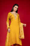 Mustard Cotton Readymade Suit And Pant With Organza Dupatta