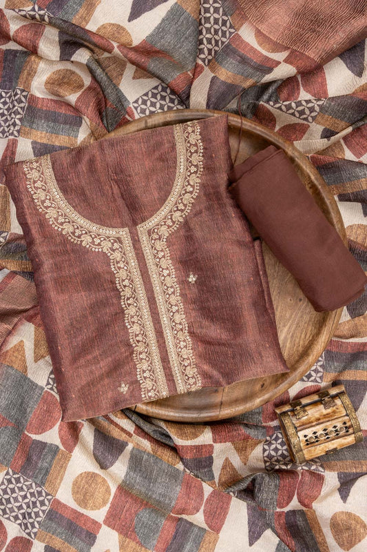 Brown Sequence & Zari Threadwork Tissue Unstitched Salwar Suit With Tissue Dupatta