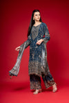 Bluish Grey Crepe Readymade Suit And Palazzo With Chinon Dupatta