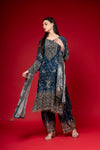 Bluish Grey Crepe Readymade Suit And Palazzo With Chinon Dupatta