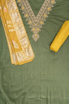 Olive Sequence & Zari Threadwork Cotton Unstitched Salwar Suit With Cotton Dupatta