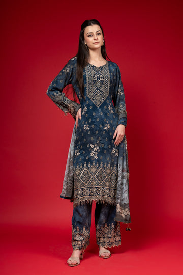 Bluish Grey Crepe Readymade Suit And Palazzo With Chinon Dupatta