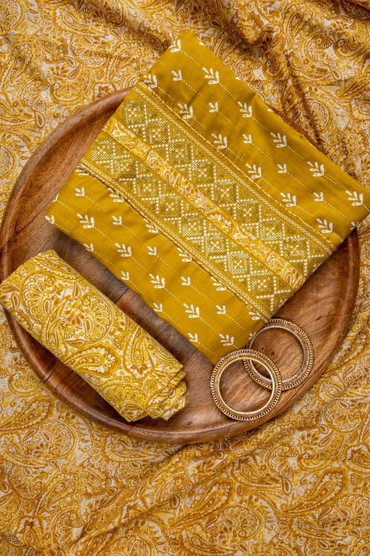 Mustard Sequence, Threadwork & Digital Printed Cotton Unstitched Salwar Suit With Cotton Dupatta