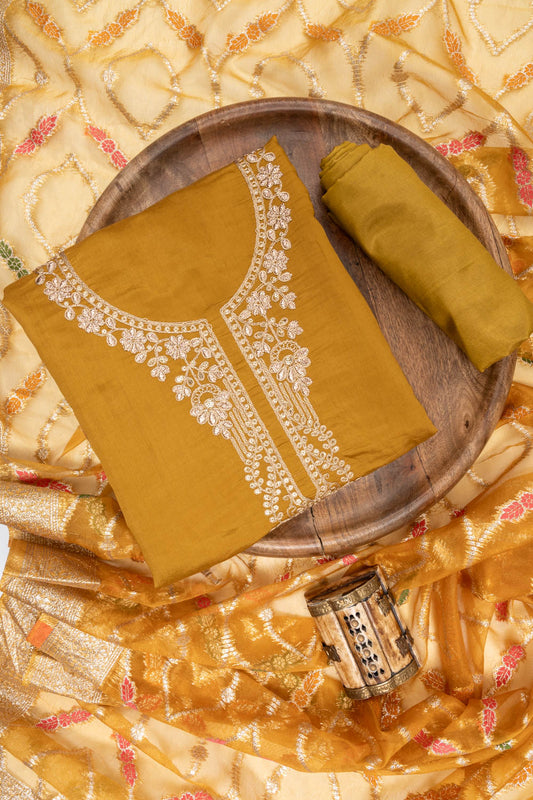 Mustard Sequence & Zari Threadwork Cotton Unstitched Salwar Suit With Organza Dupatta