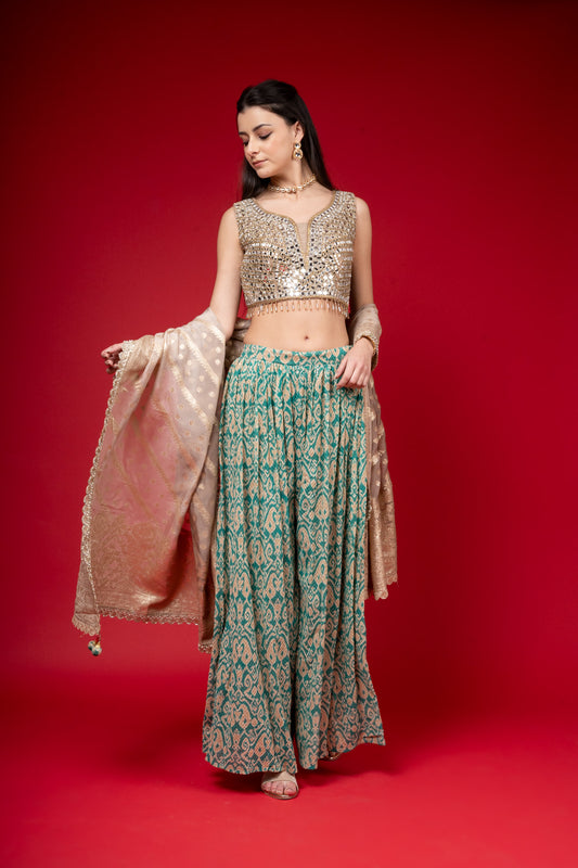 Rama Georgette Short Top Sharara Set With Organza Dupatta