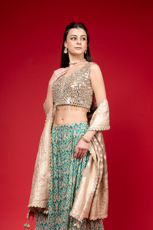 Rama Georgette Short Top Sharara Set With Organza Dupatta