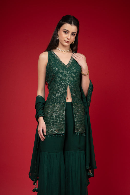 Bottle Green Georgette Readymade Sharara Set With Georgette Dupatta