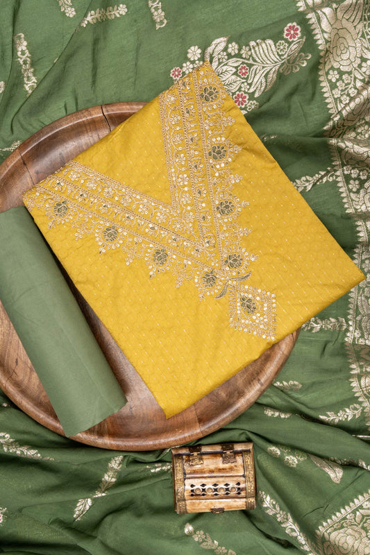 Pista Sequence & Zari Threadwork Cotton Unstitched Salwar Suit With Cotton Dupatta