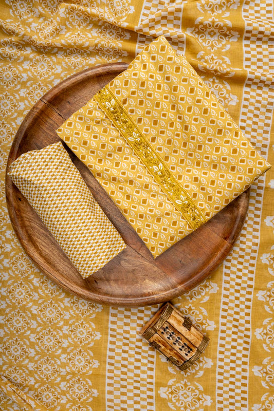 Mango Gold Threadwork & Digital Printed Cotton Unstitched Salwar Suit With Cotton Dupatta