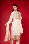 Off White Tissue Readymade Suit And Pant With Net Dupatta