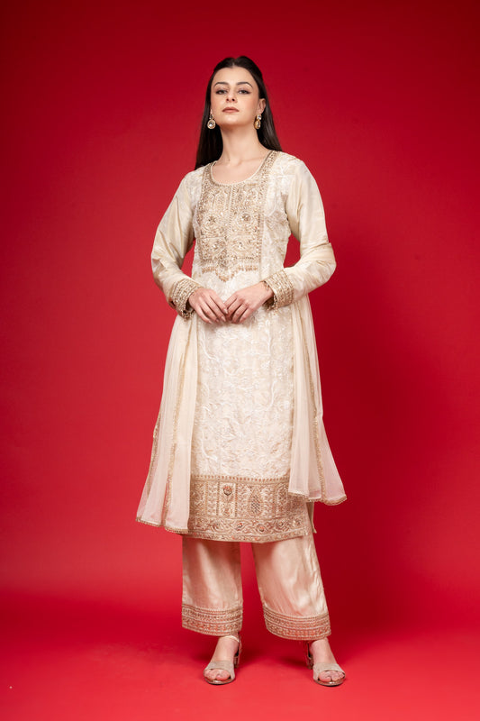 Off White Tissue Readymade Suit And Pant With Net Dupatta