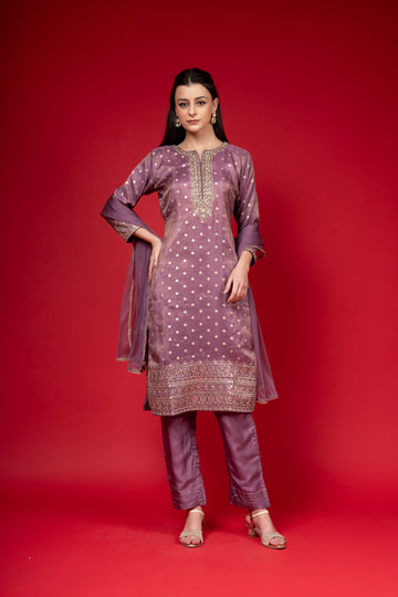 Mauve Tissue Readymade Suit And Pant With Net Dupatta