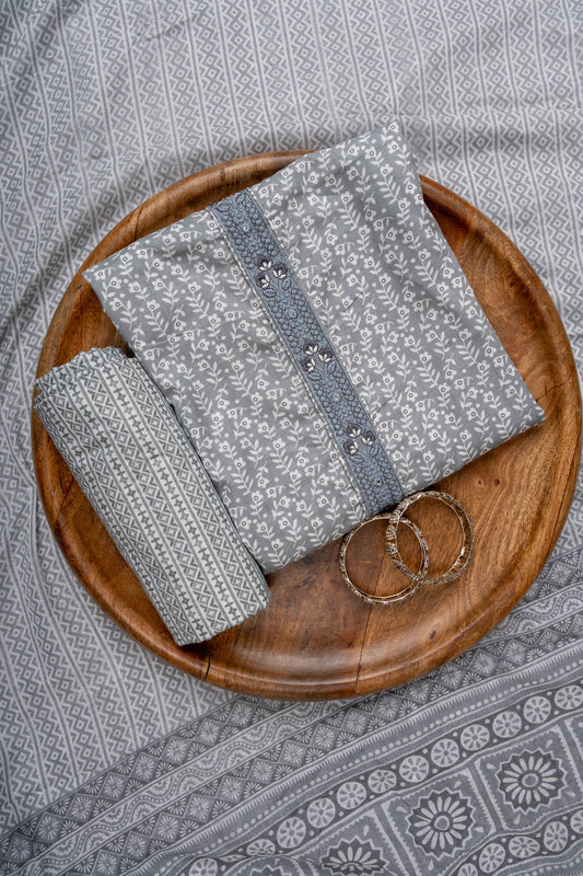 Grey Threadwork & Floral Printed Cotton Unstitched Salwar Suit With Cotton Dupatta