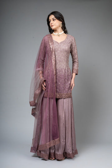 Mauve Georgette Readymade Sharara Set With Net Dupatta