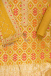 Mustard Banaras Bandhini & Banarasi Woven Zari Cotton Unstitched Salwar Suit With Cotton Dupatta