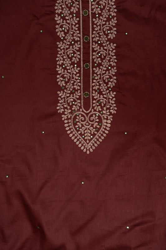 Garnet Mirror Sheet, Sequence & Threadwork Cotton Unstitched Salwar Suit With Cotton Dupatta