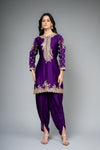 Purple Satin Readymade Suit And Dhoti With Organza Dupatta