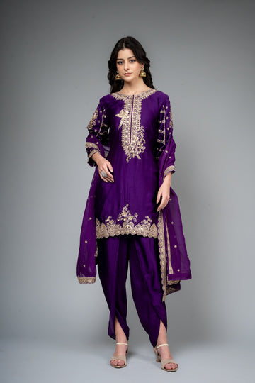 Purple Satin Readymade Suit And Dhoti With Organza Dupatta