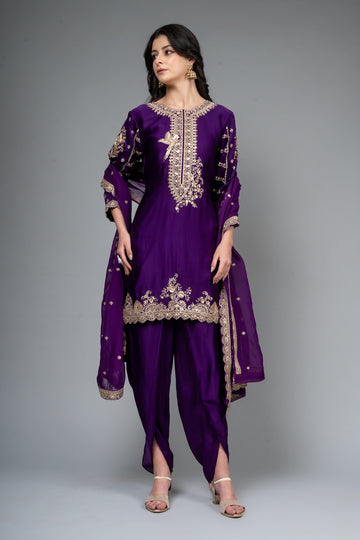 Purple Satin Silk Readymade Suit And Dhoti With Organza Dupatta