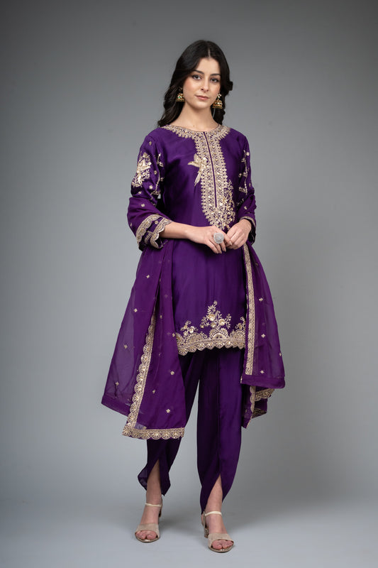 Purple Satin Readymade Suit And Dhoti With Organza Dupatta