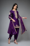 Purple Satin Readymade Suit And Dhoti With Organza Dupatta