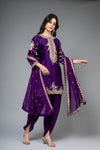 Purple Satin Silk Readymade Suit And Dhoti With Organza Dupatta