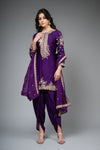 Purple Satin Readymade Suit And Dhoti With Organza Dupatta