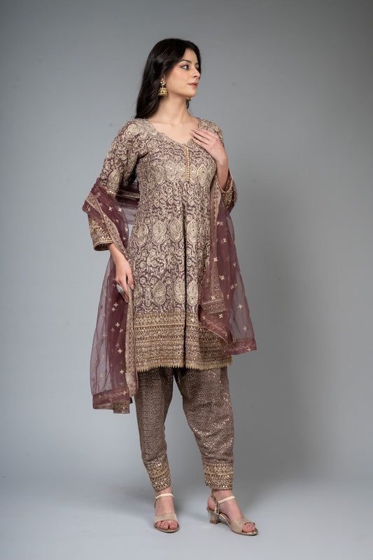 Mauve Georgette Readymade Suit And Pant With Net Dupatta